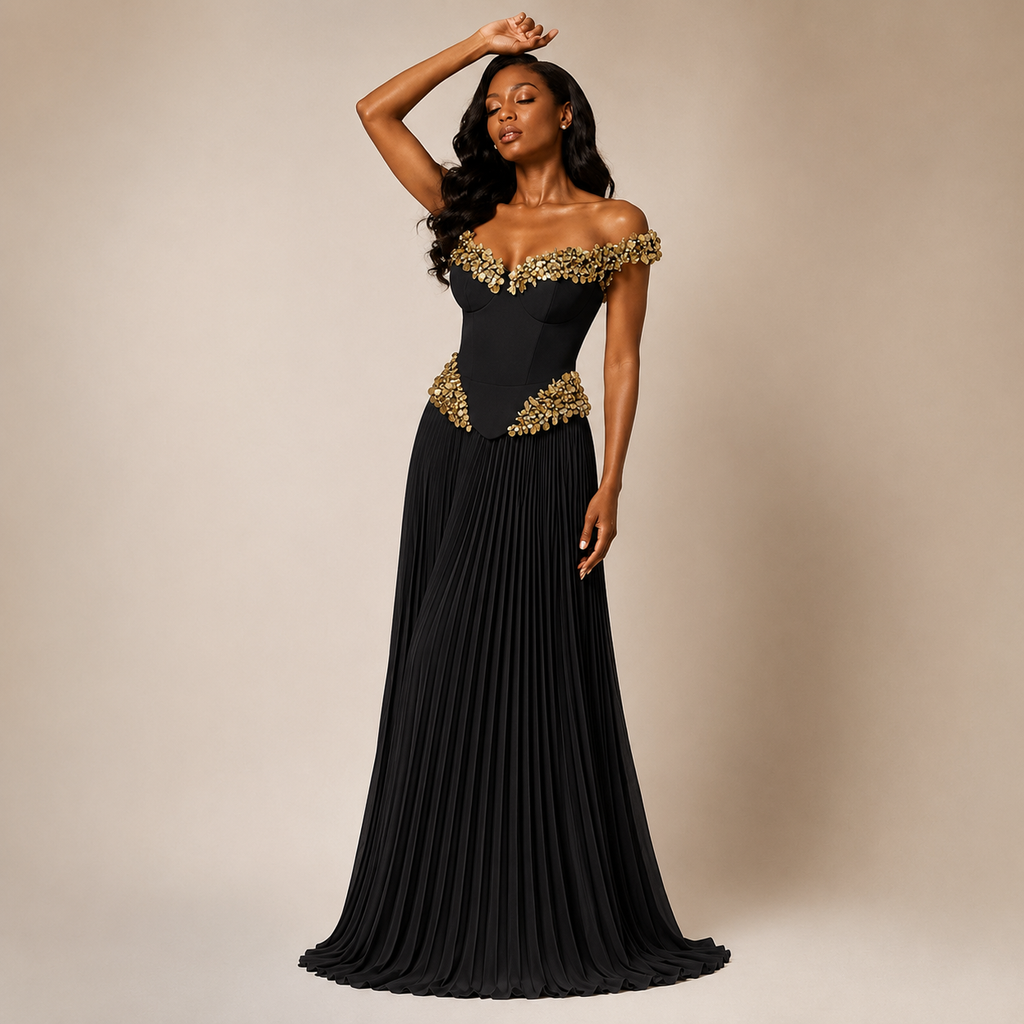 Embellished Off-the-Shoulder Pleated Gown