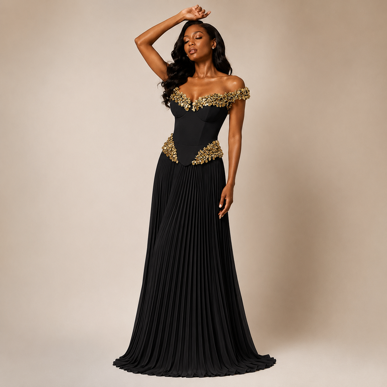 Embellished Off-the-Shoulder Pleated Gown