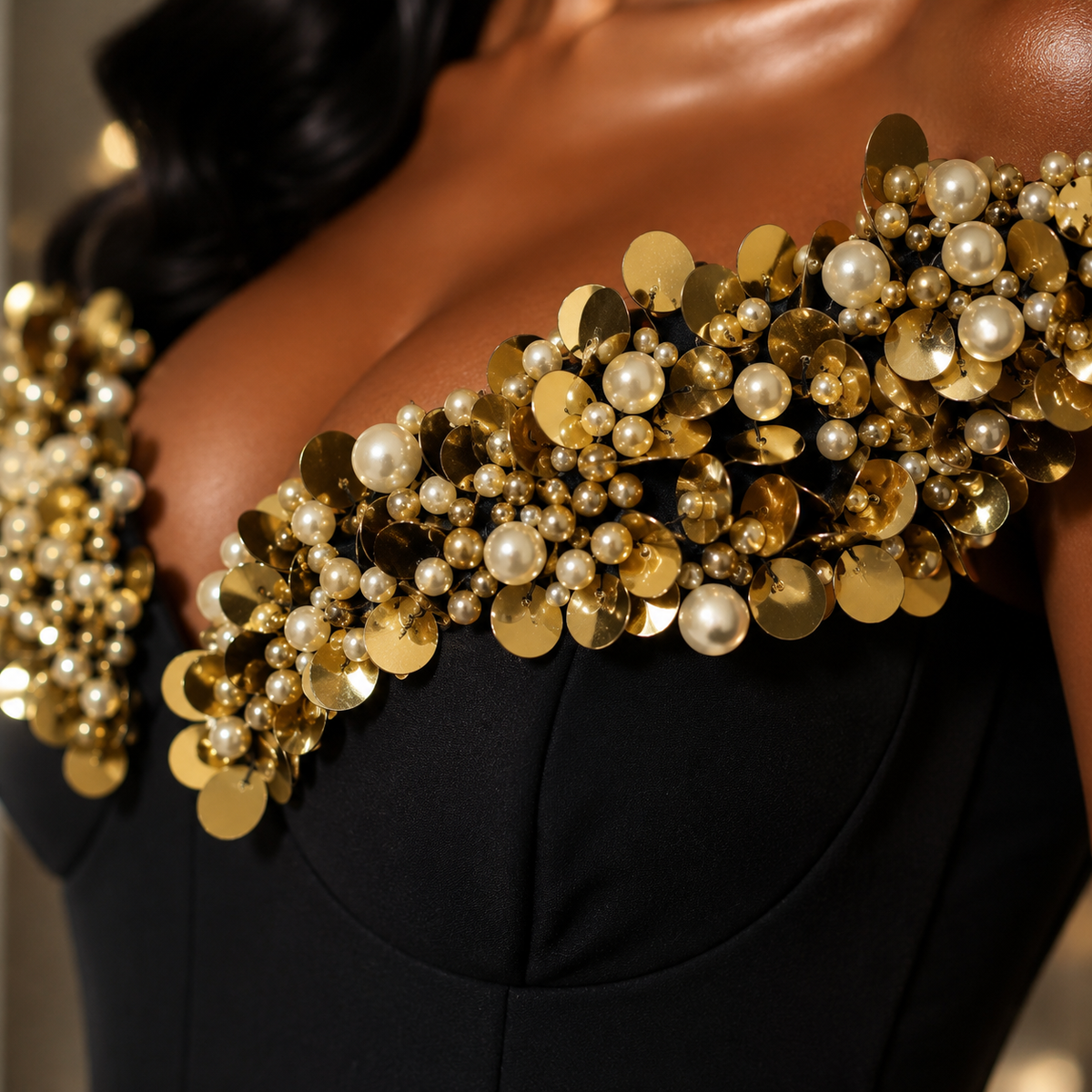 Embellished Off-the-Shoulder Pleated Gown