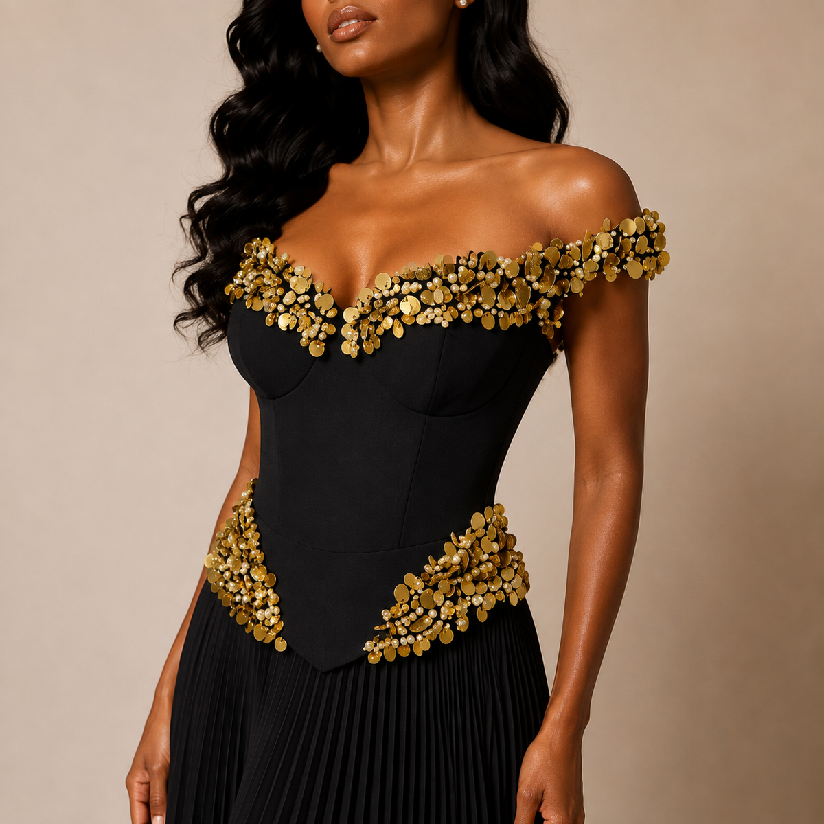 Embellished Off-the-Shoulder Pleated Gown