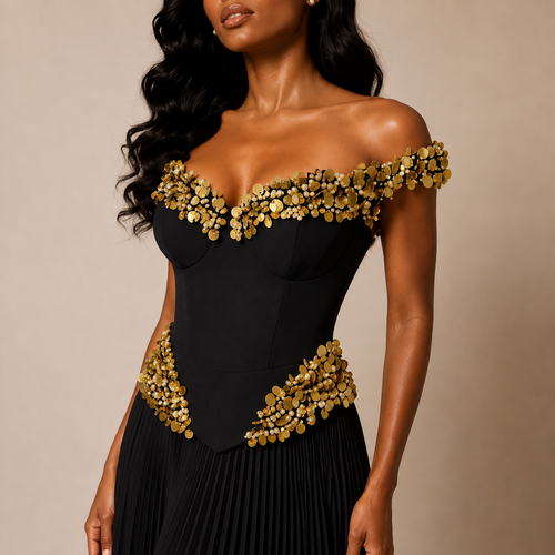 Embellished Off-the-Shoulder Pleated Gown