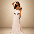Embellished Off-the-Shoulder Pleated Gown