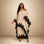 SILKANDLUXE champagne satin kaftan maxi dress with black lace trim and off-the-shoulder neckline.