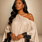 SILKANDLUXE elegant champagne kaftan maxi dress with black lace trim on sleeves and hem. Off-shoulder design.