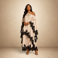 SILKANDLUXE champagne satin kaftan maxi dress with black lace trim on sleeves and hem, off-the-shoulder neckline.