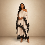SILKANDLUXE champagne satin kaftan maxi dress with black lace trim on sleeves and hem, off-the-shoulder neckline.