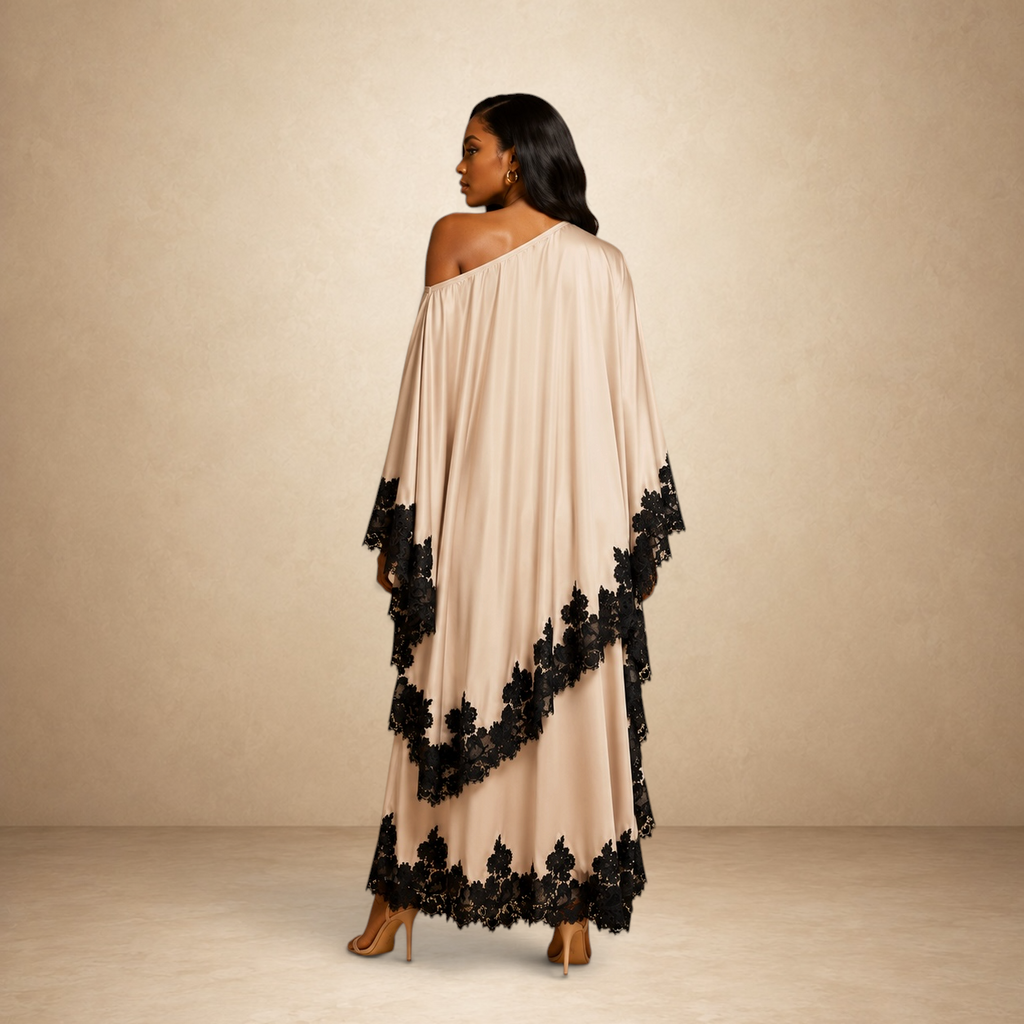 SILKANDLUXE elegant champagne kaftan maxi dress with black lace trim on sleeves and hem, off-the-shoulder.