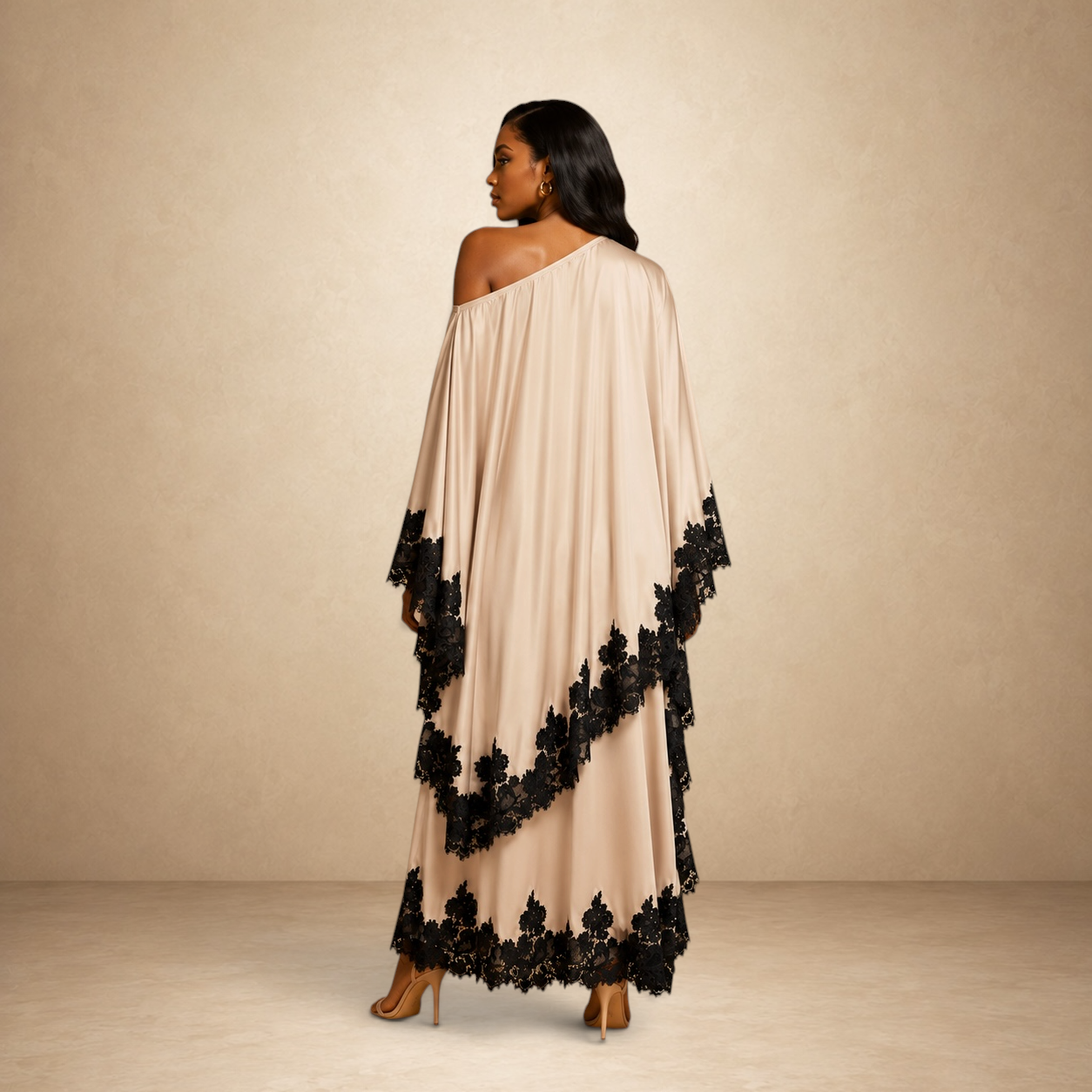 SILKANDLUXE elegant champagne kaftan maxi dress with black lace trim on sleeves and hem, off-the-shoulder.