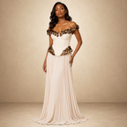 SILKANDLUXE cream off-the-shoulder gown with beaded embellishments and pleated skirt.