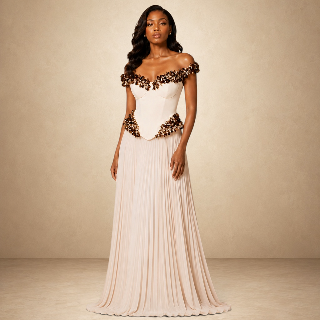 SILKANDLUXE cream off-the-shoulder gown with embellished corset bodice and pleated skirt. Formal evening dress.
