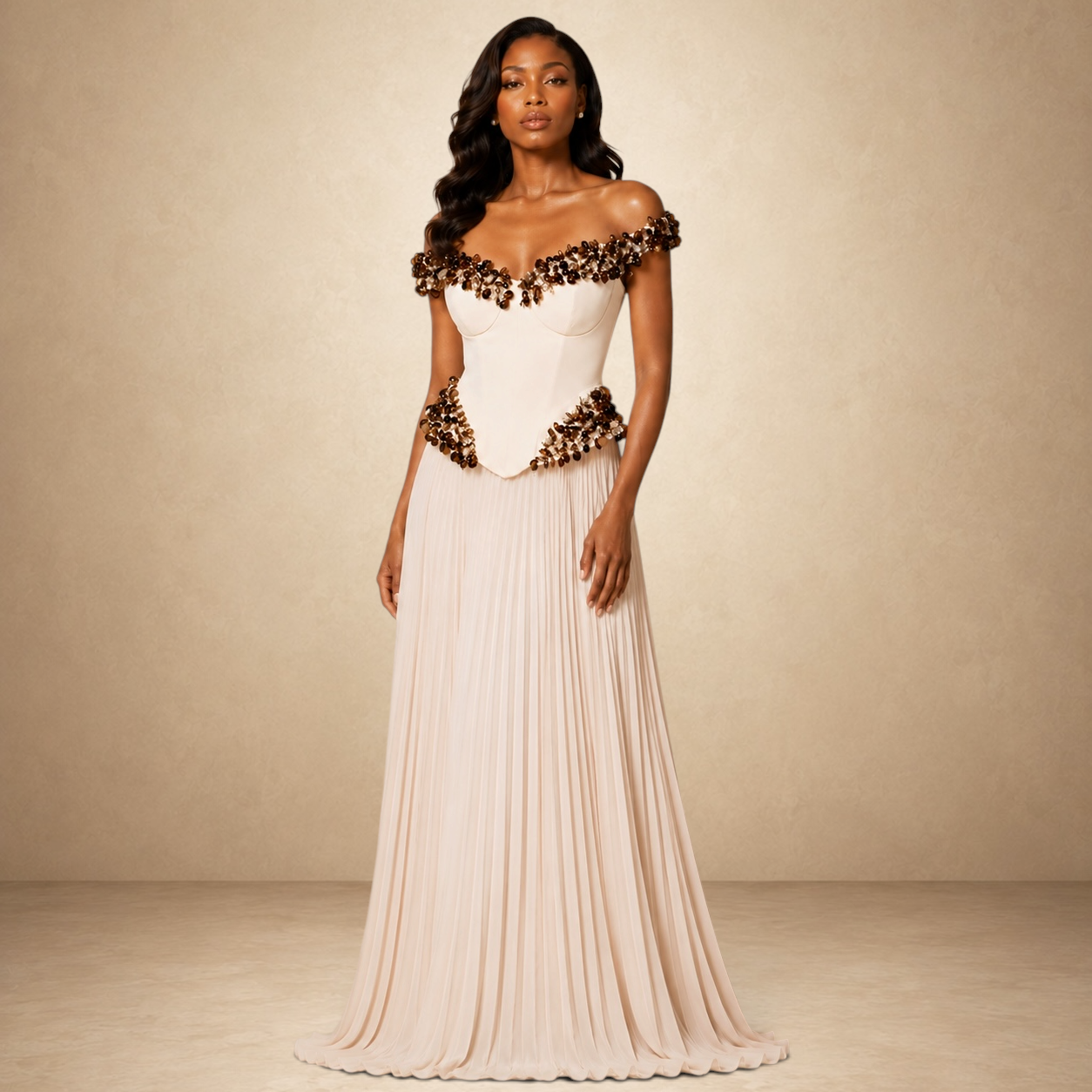 SILKANDLUXE cream off-the-shoulder gown with embellished corset bodice and pleated skirt. Formal evening dress.
