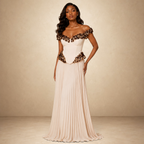 SILKANDLUXE cream off-the-shoulder gown with embellished corset bodice and pleated skirt.