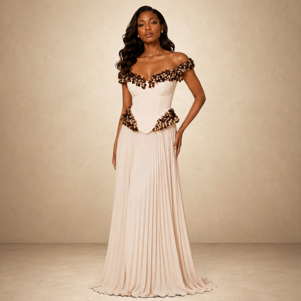 SILKANDLUXE cream off-the-shoulder gown with embellished corset bodice and pleated skirt.