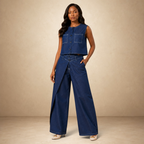 SILKANDLUXE indigo denim wide-leg pants with wrap skirt overlay and contrast stitching.