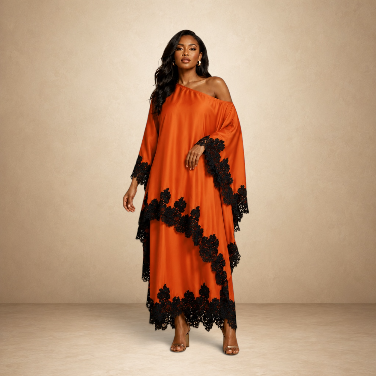 SILKANDLUXE orange off-the-shoulder kaftan maxi dress with black lace trim on sleeves and hem